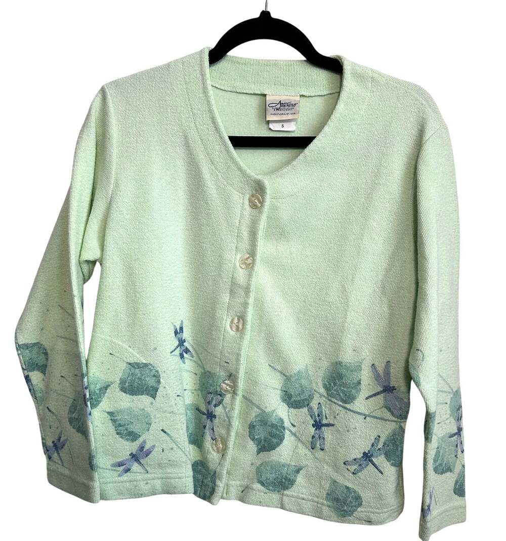 Vintage Screen Print Artisans Dragonfly Cardigan SIZE S Sage Green Floral Cotton